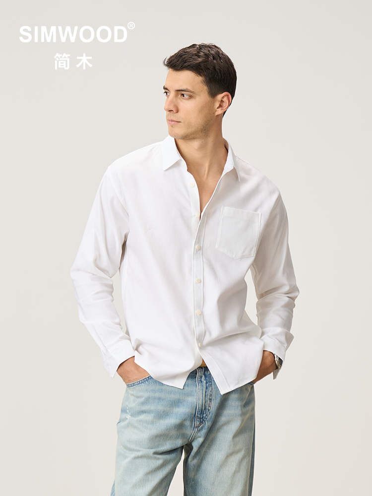 SIMWOOD 2025 Summer Autumn New 170gsm Cool Breathable Linen Cotton Blend Fabric Shirts Men Comfortable Tops