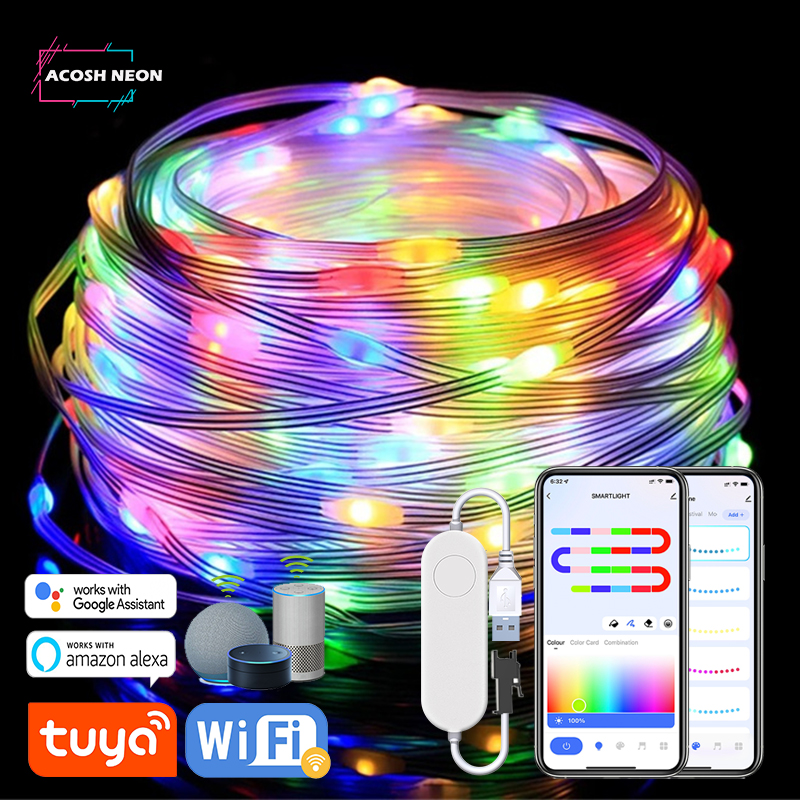 Guirlande lumineuse LED TUYA, fonctionne avec Alexa Google Assistant, synchronisation de la musique, éclairage RGBIC WS2812B, adressable