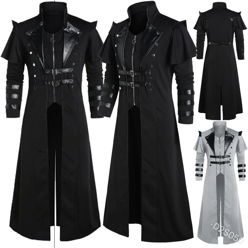 Disfraz de Halloween Medieval Steampunk Assassin elfos pirata para adulto, Chaqueta larga negra Vintage dividida, abrigos de cuero de armadura gótica
