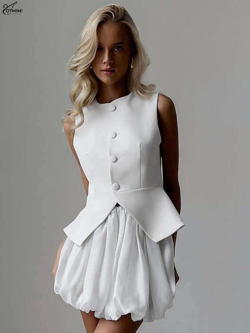Oymimi Elegancki Biały Wąski Dwuczęściowy Zestaw Damski Moda Dekolt O-Neck Bez Rękawów Koszule Zapinane na Guziki i Plisowane Mini Spódniczki
