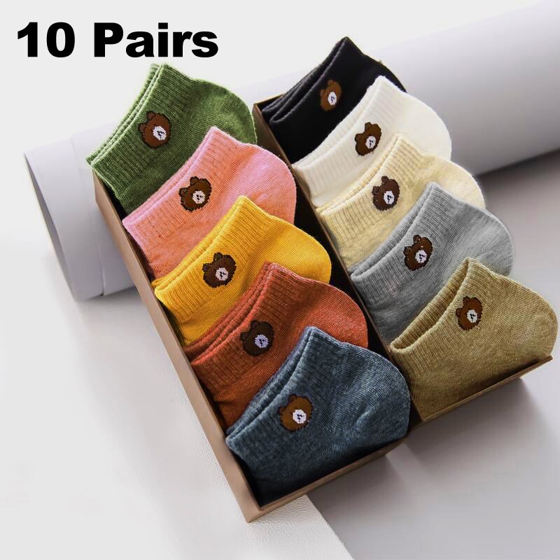 10 pares de calcetines de tubo bajo para mujer, conjunto con bonito patrón de oso, moda transpirable para mujer, calcetines cómodos de estilo informal