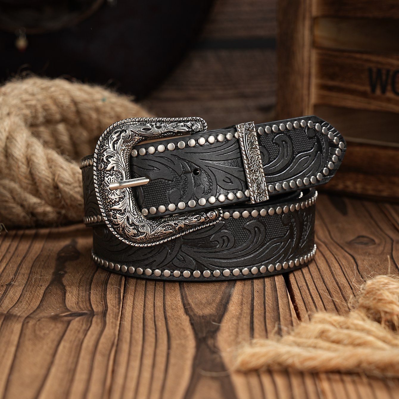 Pasek ze skóry PU Western Cowboy - męski pasek na talię z bykiem, ozdobiony kwiatowym grawerem do dżinsów