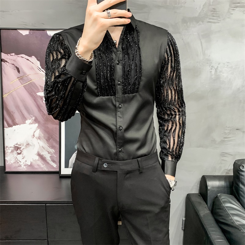 Camicie vuote in pizzo per uomo manica lunga Slim Fit Streetwear camicetta per feste sociali discoteca cantante Dj abbigliamento Camisas Para Hombre