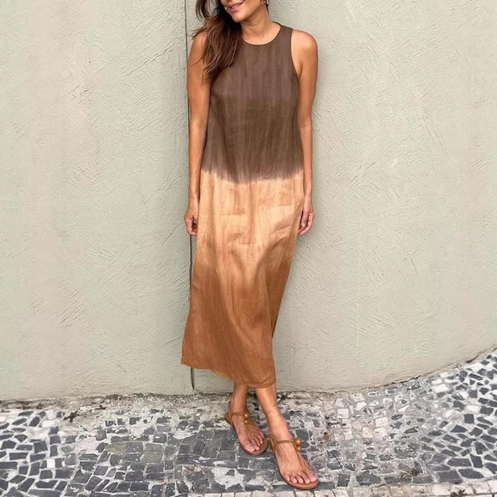 Vestido largo sin mangas de algodón y lino con degradado 2026, con abertura lateral, estilo túnica, para playa y sol, a la moda