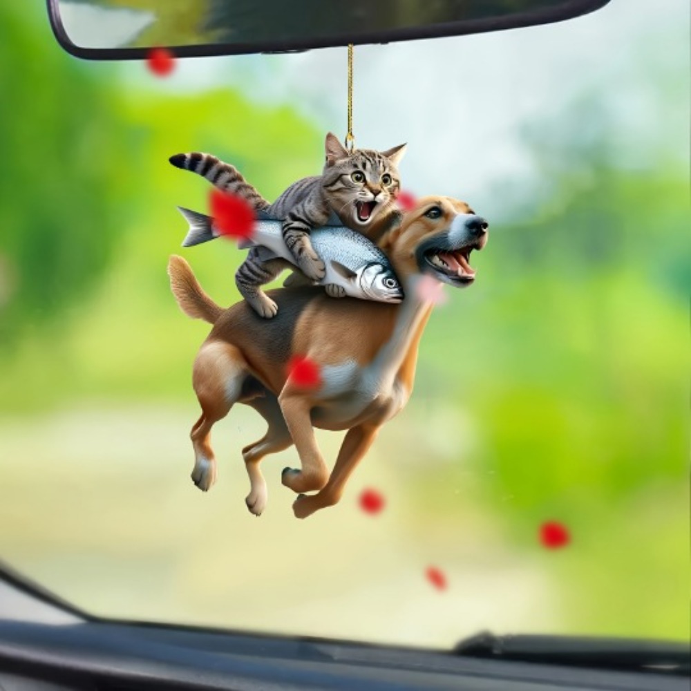 Fun Car Pendant Hanging Ornament with Chain Realistic Animal Cat-Shaped Rearview Mirror Hanging Decor Car Interior Accessories