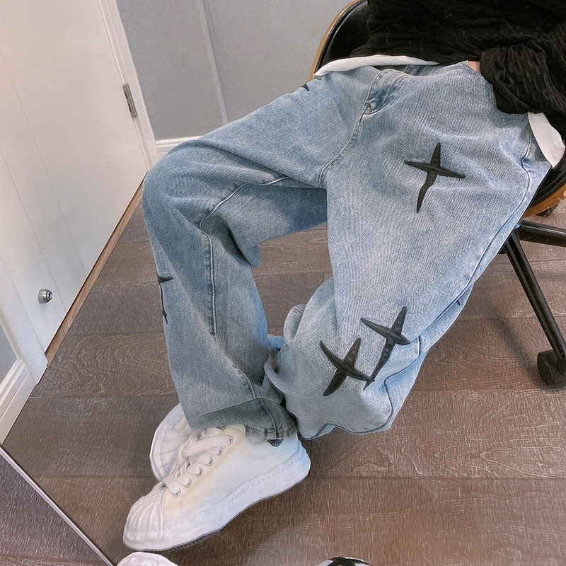 프린트 청바지 남성 2023 새로운 streetwear 헐렁한 넓은 다리 청바지 한국 패션 커튼 스트레이트 캐주얼 루즈 데님 카고 바지
