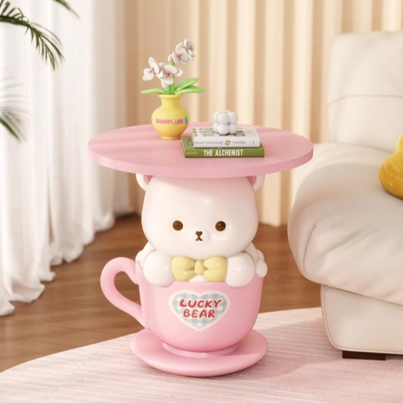 Kawaii Home Decor Creative Small Coffee Table Pink Living Room Side Table Girl's Bedroom Bedside Table Cartoon Bear Statue Gift
