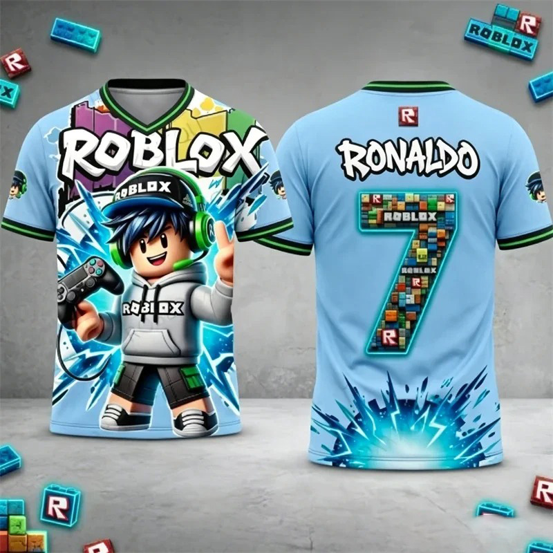 Детская футболка Roblox с 3D-принтом и именем Роналду, стильная спортивная одежда с короткими рукавами для детей, летняя повседневная одежда для фанатов