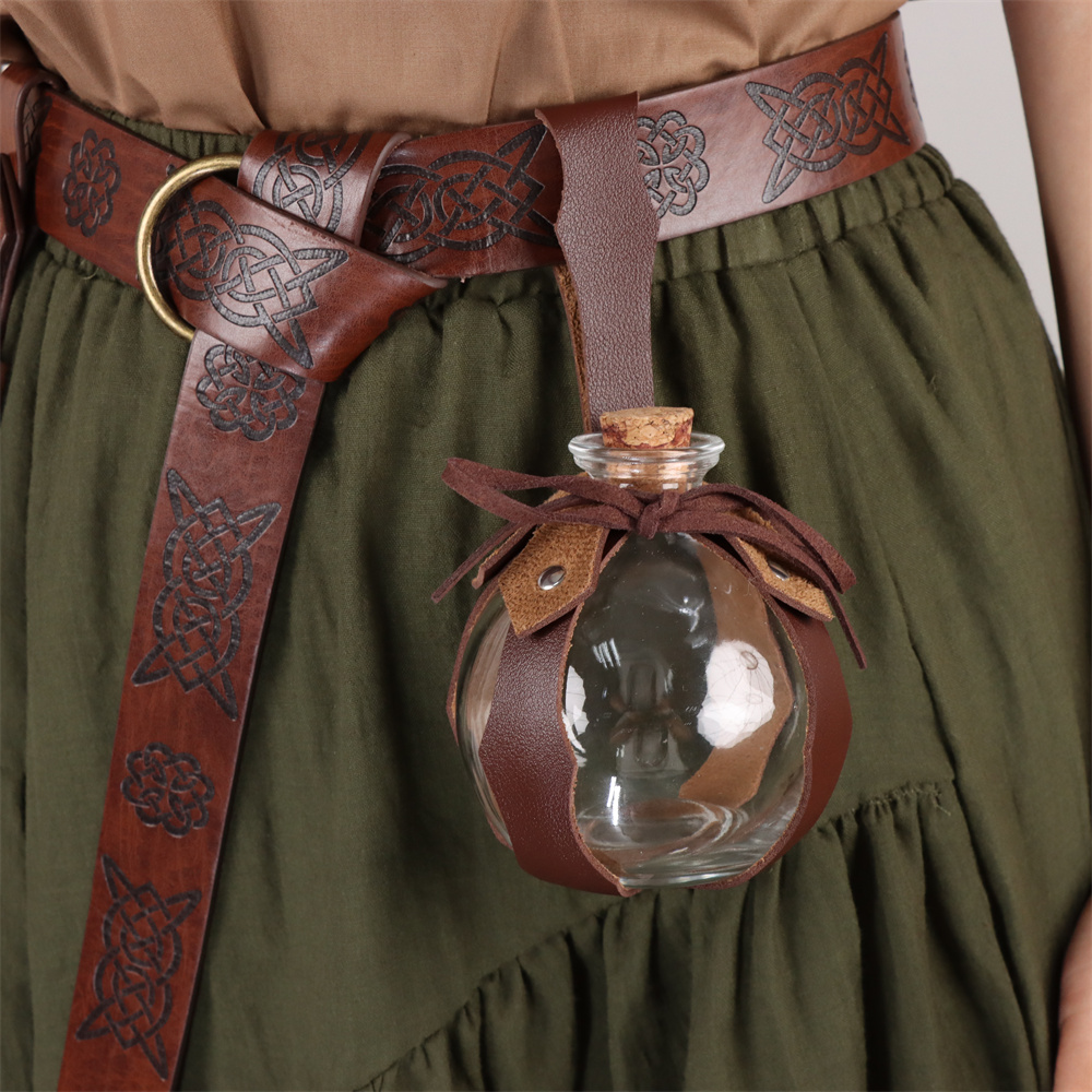 Cinturón de Cosplay renacentista para Halloween, cubierta de cuero de hoja de elfo con poción, botella mágica de cristal, bolso de vestir para juego de rol de caballero vikingo