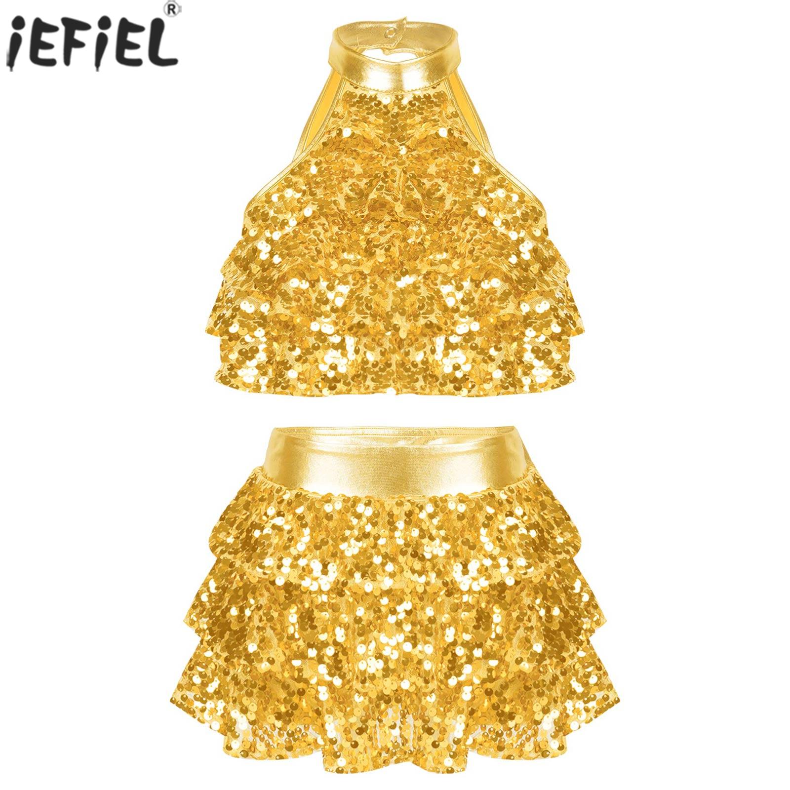 Top corto escalonado sin mangas con lentejuelas brillantes para niños y niñas, conjunto de trajes de falda, traje de actuación de escenario de baile latino moderno de Jazz