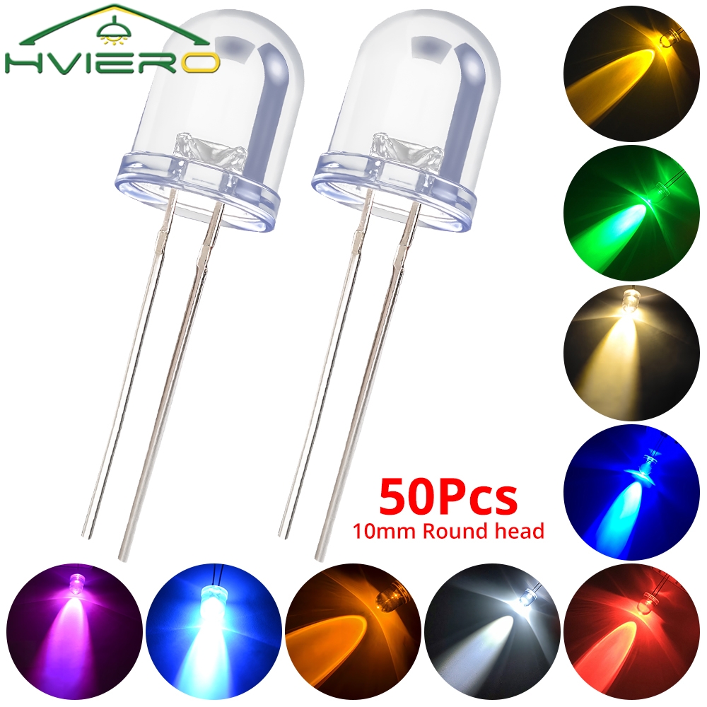 50 Stuks 10mm Ronde Top Super Heldere Lamp Kralen Clear Emitting Diode LED Wit Rood Groen Blauw Geel UV roze Oranje Dome Gloeilamp
