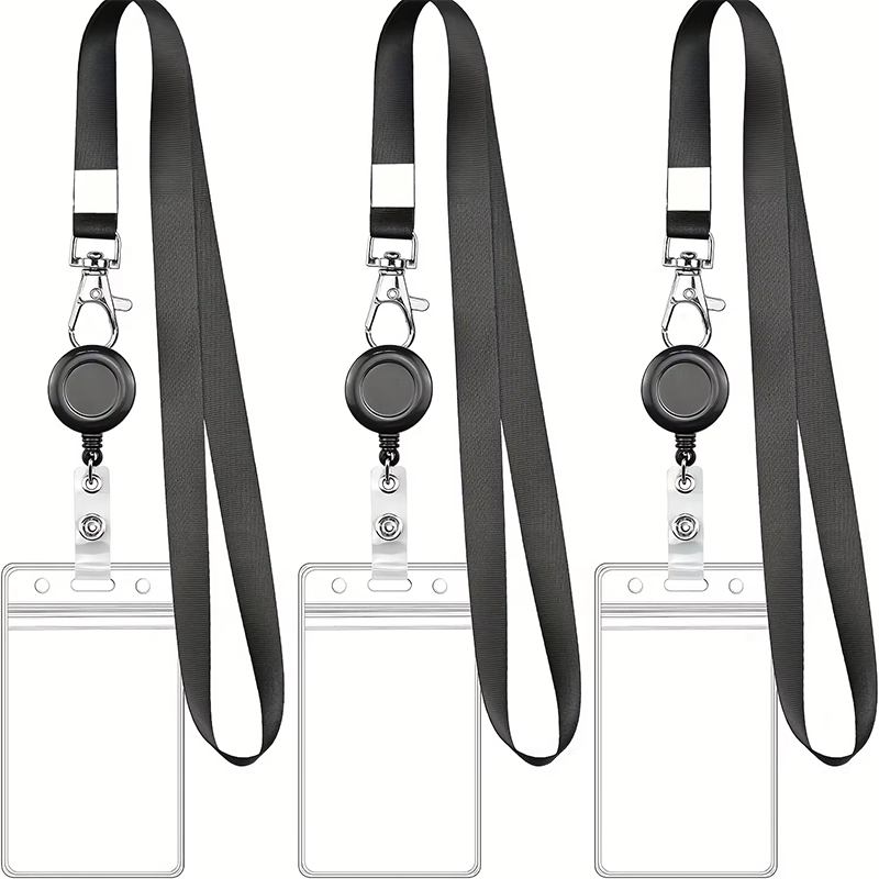 Schwarzes einziehbares Ausweishalter-Set mit Karabinerverschluss und wasserdichtem PVC-Kartenhalter, langlebigem Schlüsselband, für Arbeitsausweis und Namensschilder