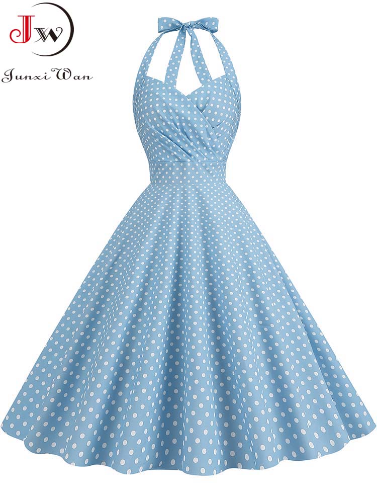 Elegante abito da festa a pois da donna, estivo, con scollo all'americana, vita alta, anni '50, vestibilità vintage e abiti retrò svasati senza schienale