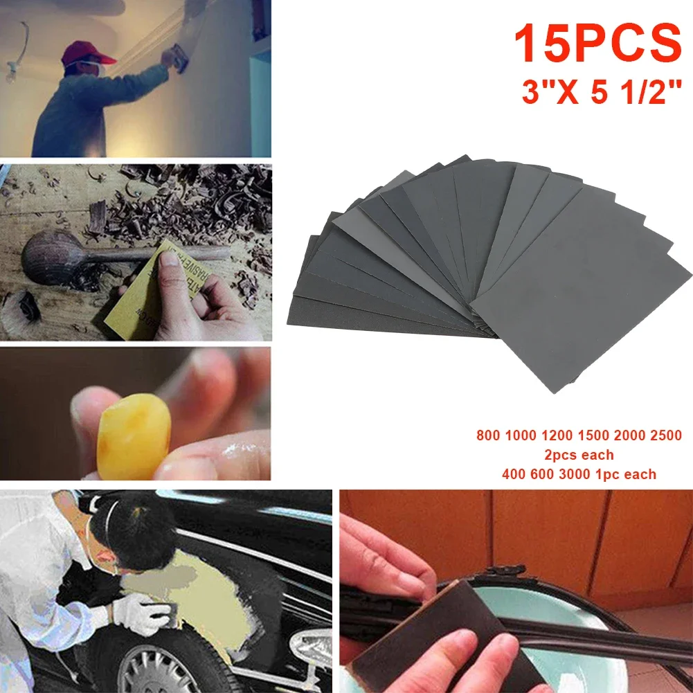 15 sztuk/zestaw Papier Ścierny 400 600 3000 800 1000 1200 1500 2000 2500 Gradacji Papier do Szlifowania na Mokro/Sucho Narzędzia Ścierne