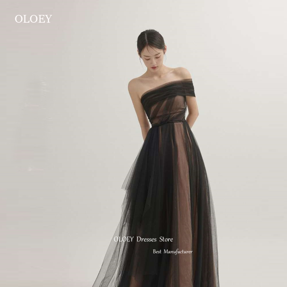 OLOEY หนึ่งไหล่ Fairy สีดําชุดราตรีงานแต่งงานที่กําหนดเอง Tulle เกาหลี Party อย่างเป็นทางการ Prom Gowns รัดตัวกลับความยาวชั้น