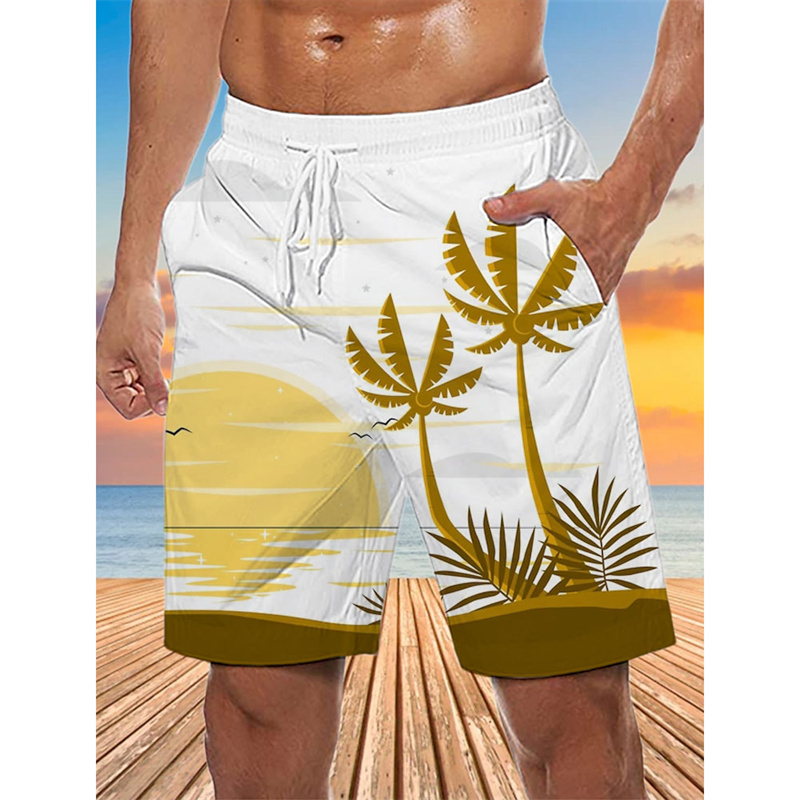 Shorts de praia masculinos com estampa de coqueiro, calções de banho coloridos com estampa 3D, shorts de surf de verão, shorts soltos, streetwear