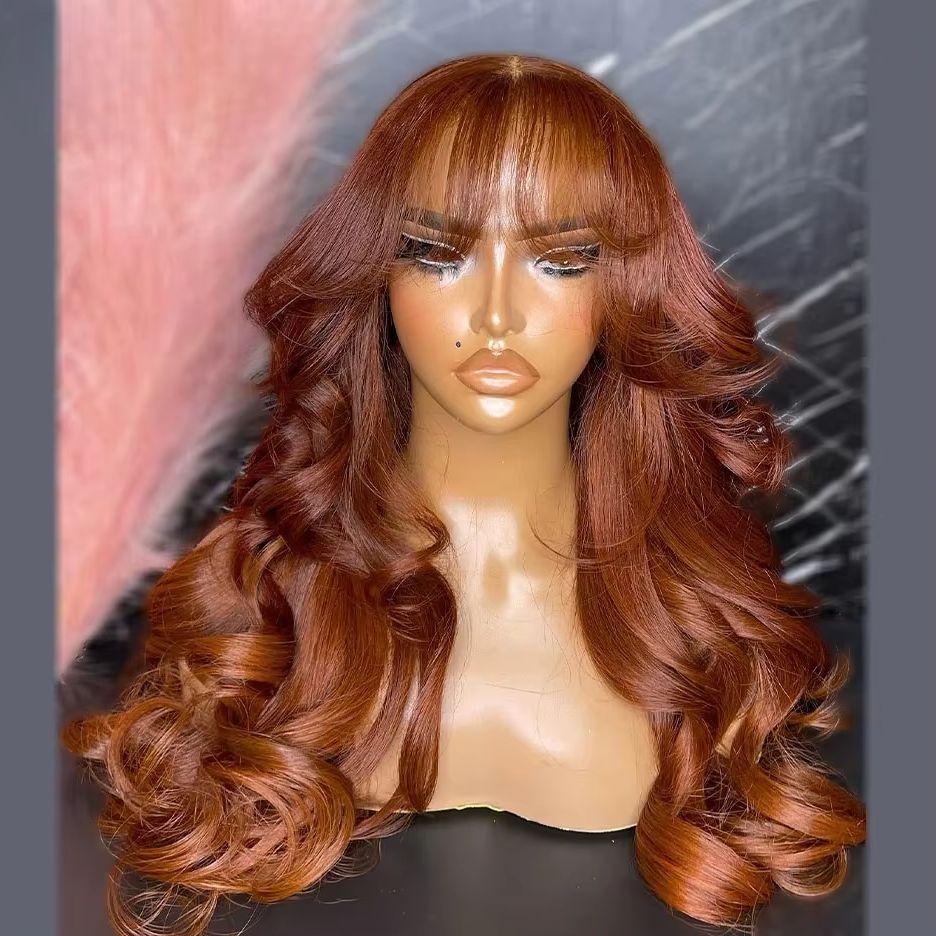 Parrucca Ginger Wigs Body Wave con frangia, frontale in pizzo 13x4 HD, pre-piumata, trasparente, resistente al calore, capelli sintetici per Cosplay