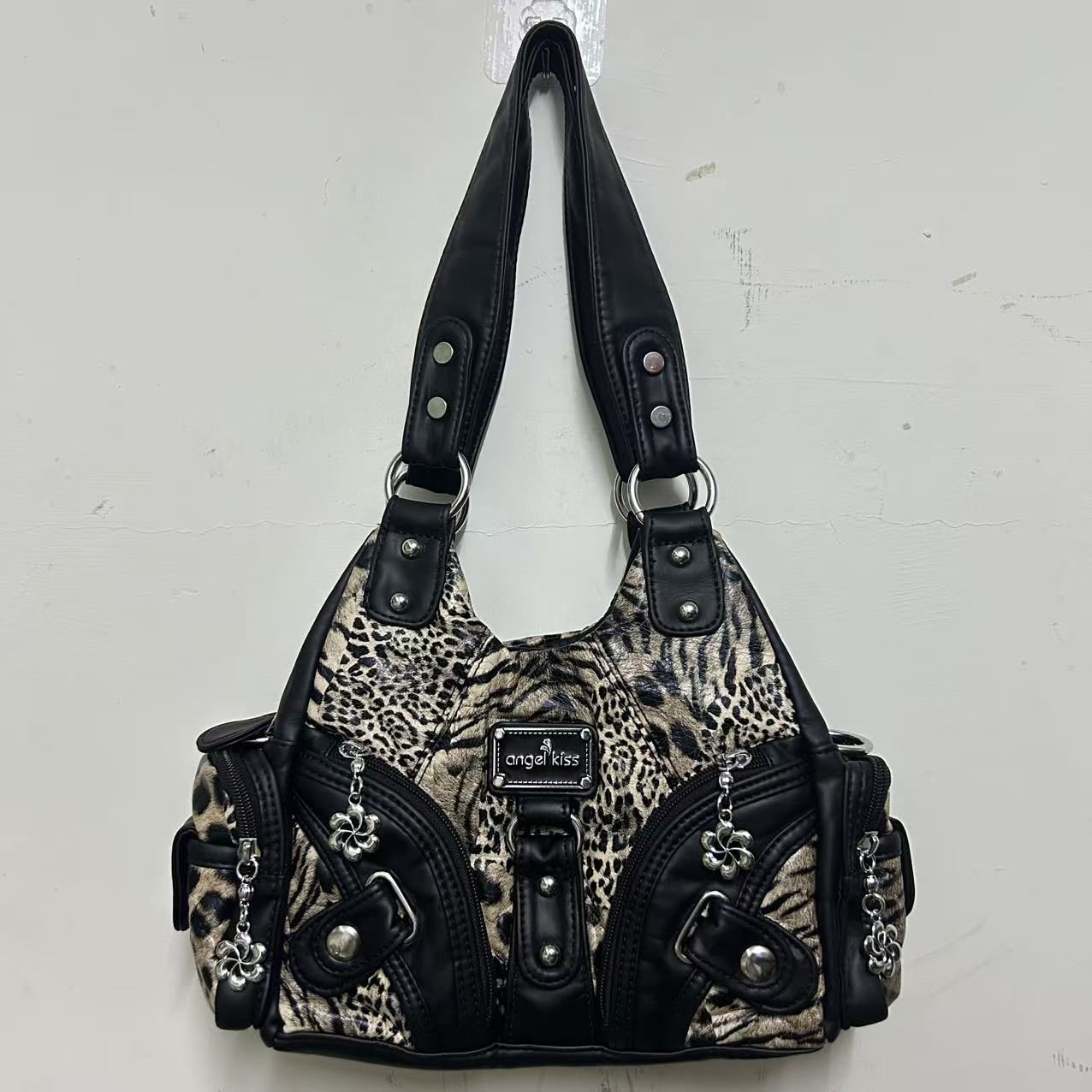 Bolsa de Ombro com Estampa de Leopardo Angel Kiss Y2K para Mulheres, Bolsa Hobo de Grande Capacidade, Bolsa Retro de Couro Sintético para Uso Diário e Festas