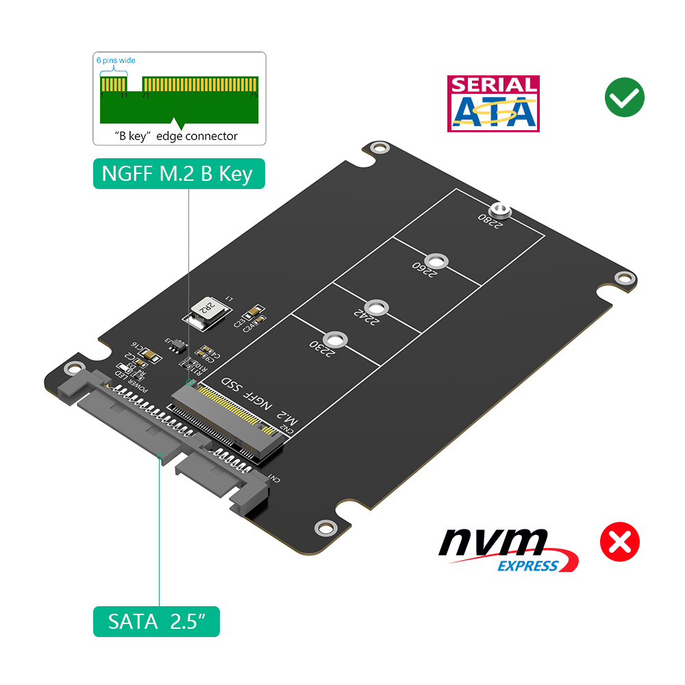 M.2 SSD to 2.5 SATA Enclosure B Key SATA SSD Converter to 2.5 Inch SATA 3.0 6Gbps with 7mm Plastic Case For 2230 2242 2260 2280