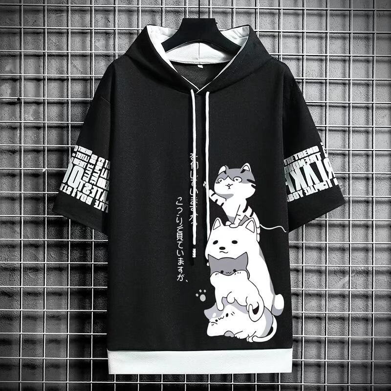 Sudaderas con capucha de moda japonesa para hombre, ropa de verano para hombre, ropa de calle informal de dibujos animados Harajuku, Top con capucha estampado, sudaderas de manga corta para hombre