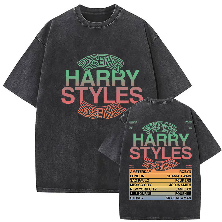 Camiseta Retro Lavada Harry Styles para Homens e Mulheres, T-Shirt de Algodão Oversized com Decote Redondo