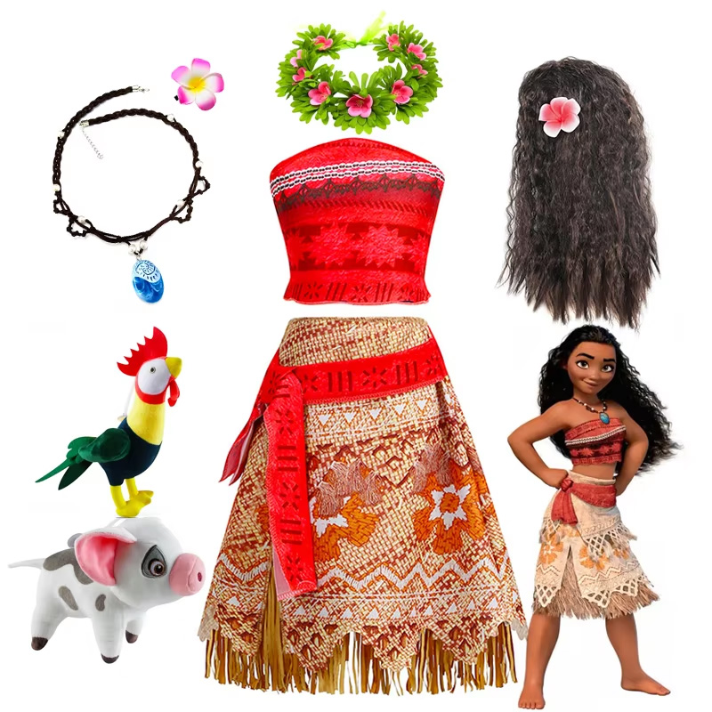 Vestido de Moana de Disney para niñas, disfraz de princesa Vaiana, Carnaval, sombreros de fiesta de cumpleaños, collar, conjunto de pollo y cerdo para mascotas