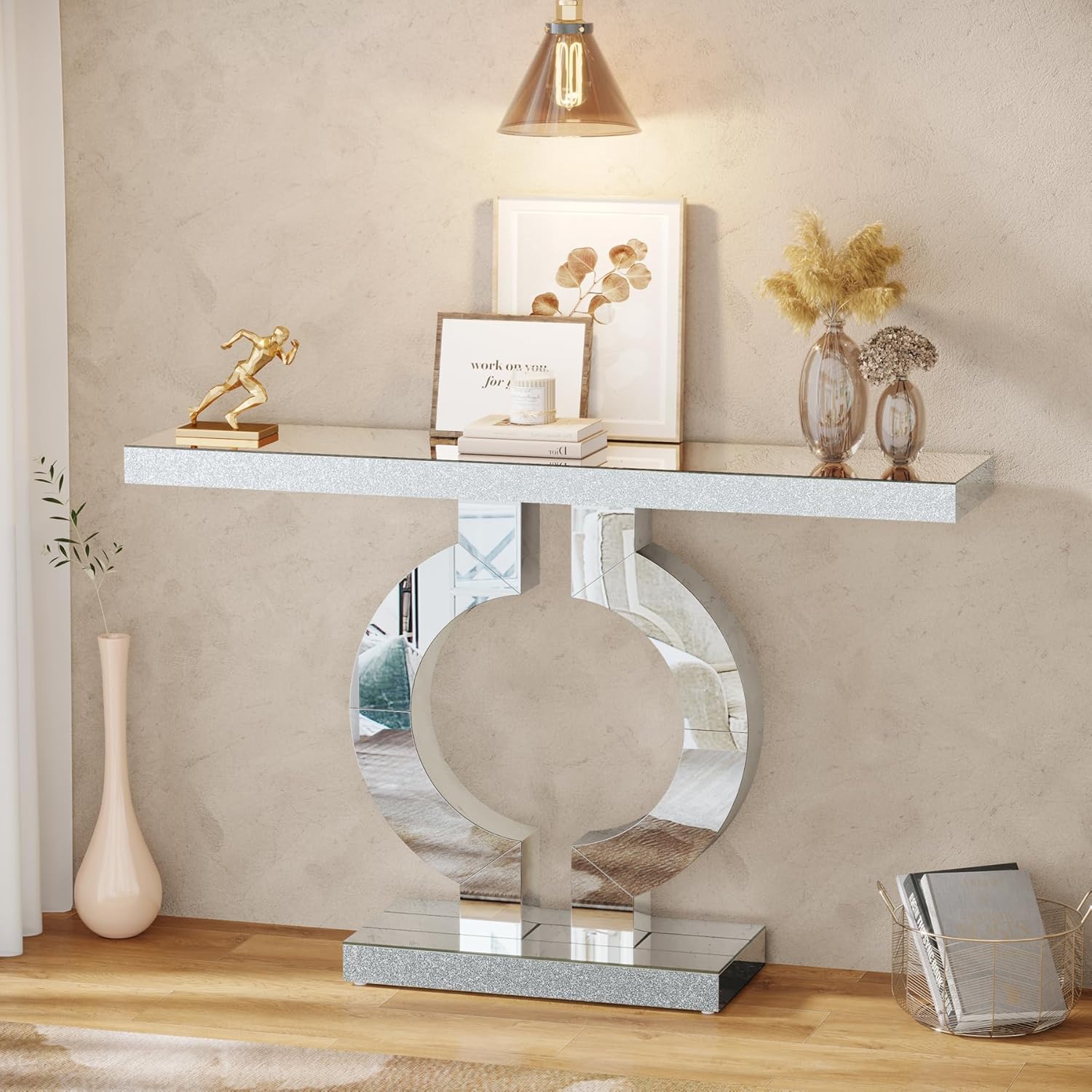 Tribesigns Table console miroir de 43,3 pouces (110 cm), table d'entrée moderne avec plateau finition miroir épaissi