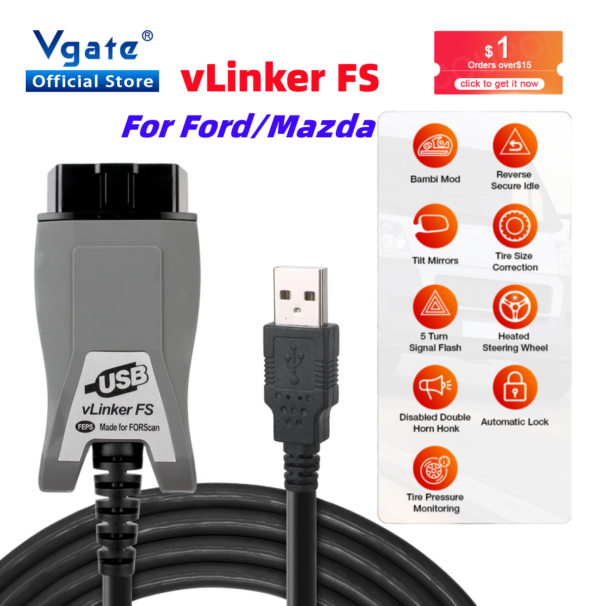 Vgate vLinker FS ELM327 สําหรับ Ford FORScan HS MS สามารถ ELM 327 OBD 2 OBD2 รถเครื่องสแกนเนอร์อินเทอร์เฟซเครื่องมือ OBDII สําหรับ MAZDA