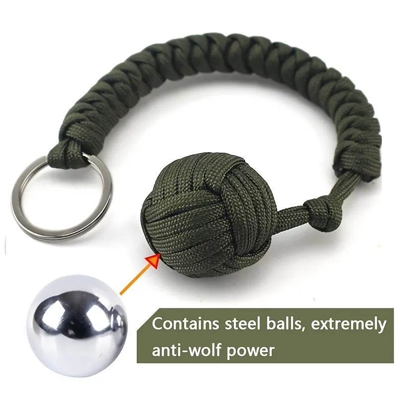 Paracord do samoobrony na zewnątrz, stalowa kulka typu Monkey Fist, brelok survivalowy z paracordu, akcesoria do ochrony i bezpieczeństwa na zewnątrz.