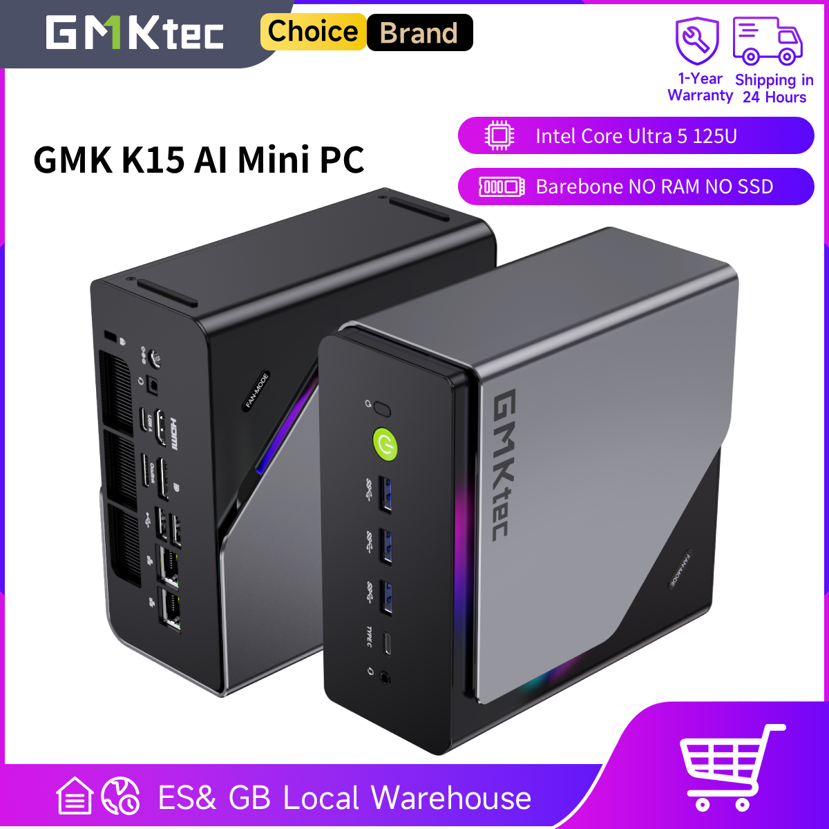 GMKtec K15 Mini PC Intel Core Ultra5 125U AI Barebone BEZ RAM BEZ SSD BEZ OS Obsługa DDR5 NPU WIFI6E BT5.2 Komputer Stacjonarny do Gier