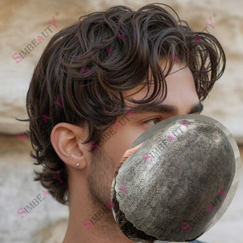 Tupé de Cabello Humano Ondulado de 30MM para Hombre, Línea de Cabello Natural, Base de PU Duradera de 0.1mm, Micro Piel, Prótesis Capilar Masculina