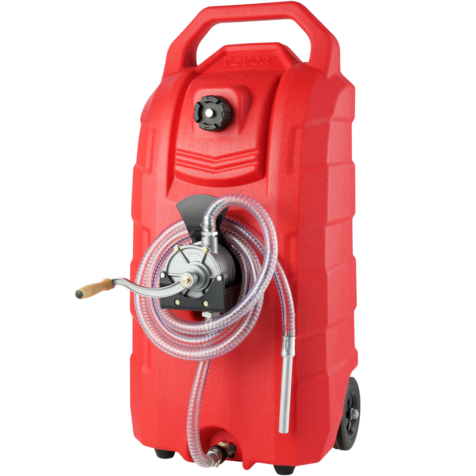SucceBuy 16Gal Bahan Bakar Caddy 7.8 L/Menit Wadah Tangki Penyimpanan Gas Portabel dengan Pompa Tangan & Roda Transfer Minyak untuk Bensin Diesel