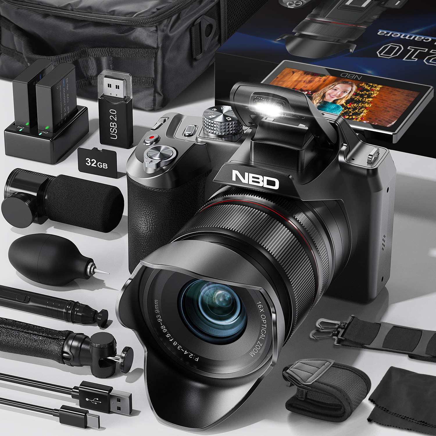 Câmeras digitais NBD 5K para fotografia, câmera com zoom óptico 16X com controle WiFi e por aplicativo, câmera Vlogging de 64 MP com tela de 3 polegadas