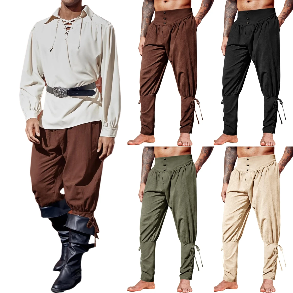 Pantalones Medievales para Hombre, Estilo Renacentista Vikingo Pirata, con Cordones, Ajustados, de Lino, para Disfraz de Halloween, Pantalones Cargo