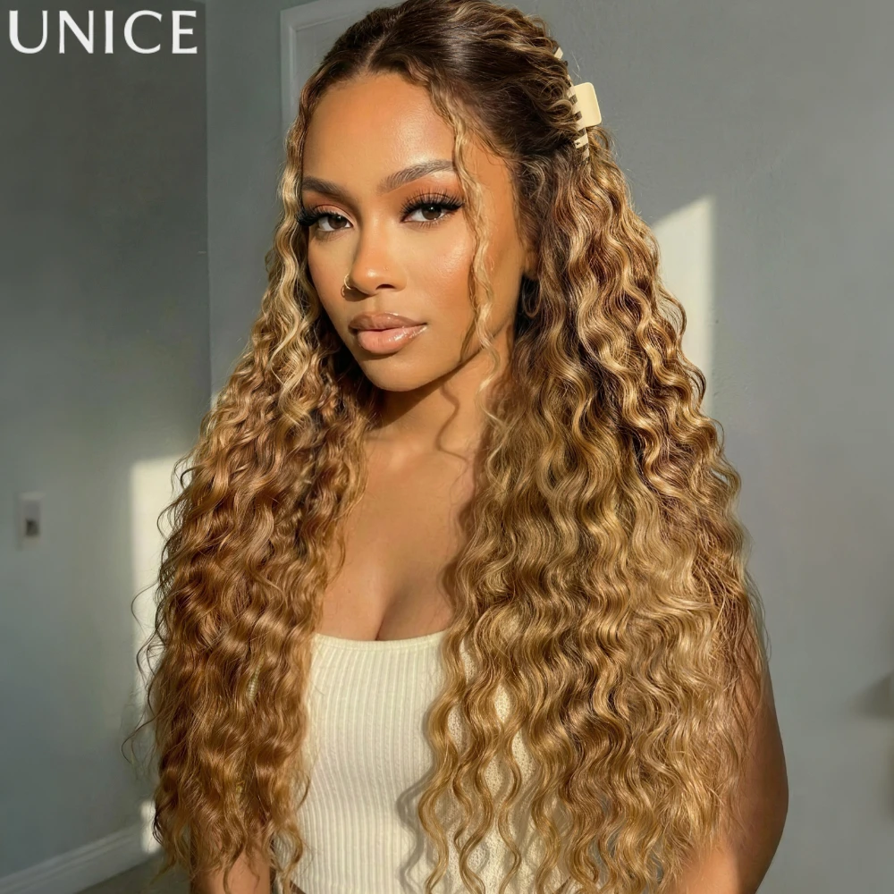 UNice No-Slip 13x4 Lace Frontal Honey Blonde Highlights Water Wave Human Hair Wig With Drawstring Pull & Go Gluele