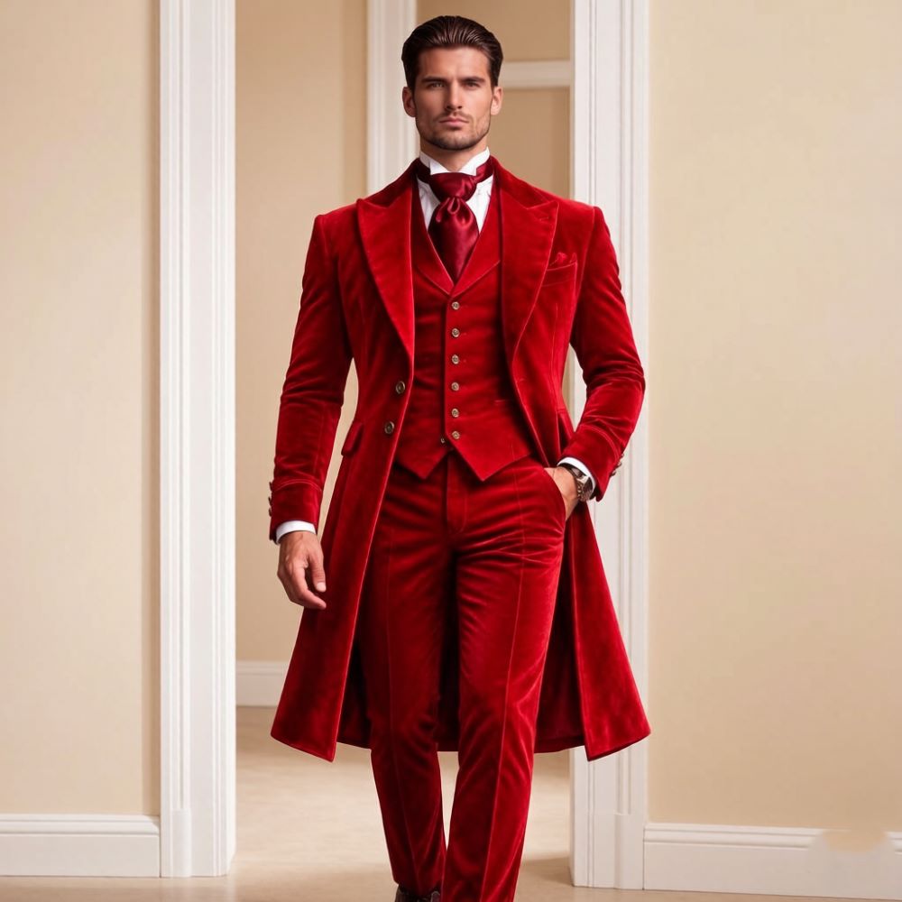 Aksamitne, długie, eleganckie garnitury męskie slim fit, 3-częściowe smokingi ślubne do formalnych wydarzeń biznesowych, szyte na miarę, możliwość dopasowania z paskami do spodni i spinkami do mankietów.