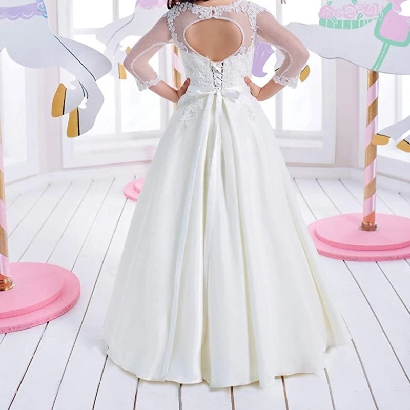 Robe de demoiselle d'honneur blanche pour mariage, robe de soirée de première Communion à paillettes de cristal avec des appliques en dentelle pour petite fille