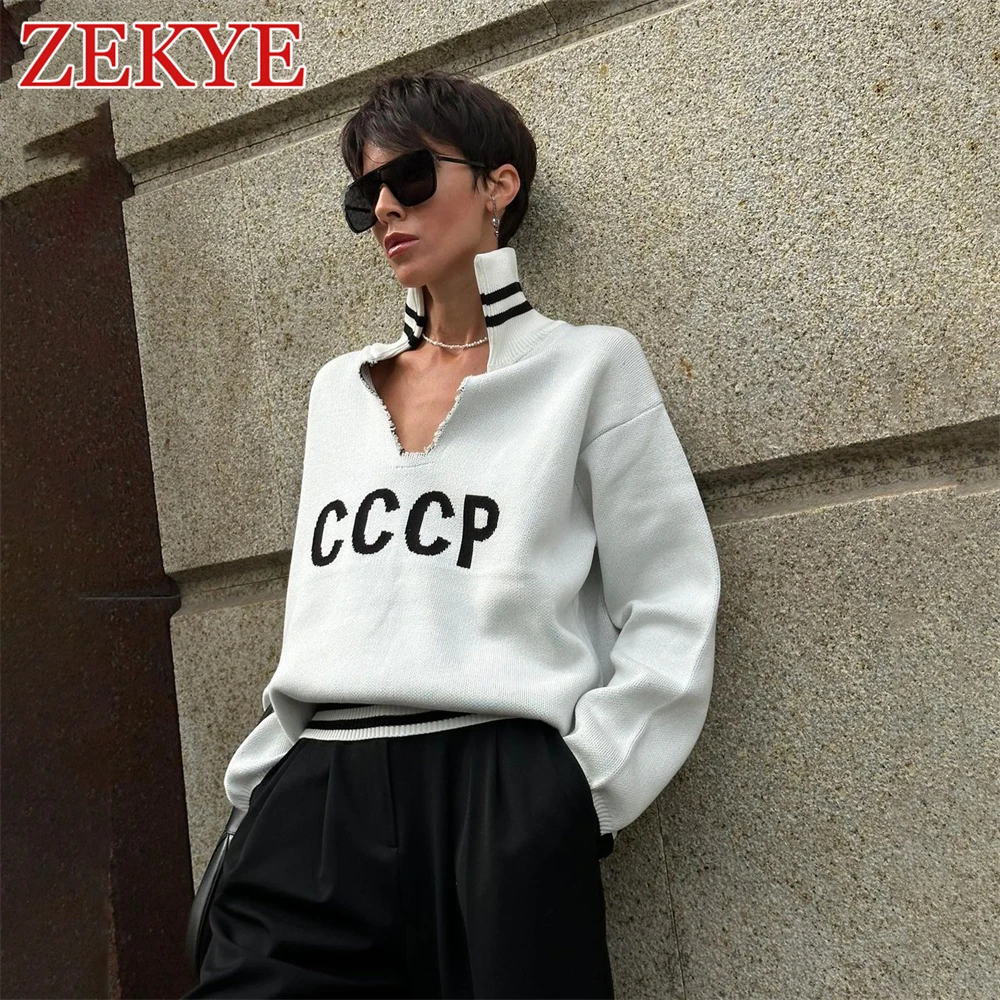 Zekye вязаный крючком свитер с буквенным принтом для женщин в английском стиле с вырезами в консервативном стиле в полоску повседневный пуловер топы с длинными рукавами