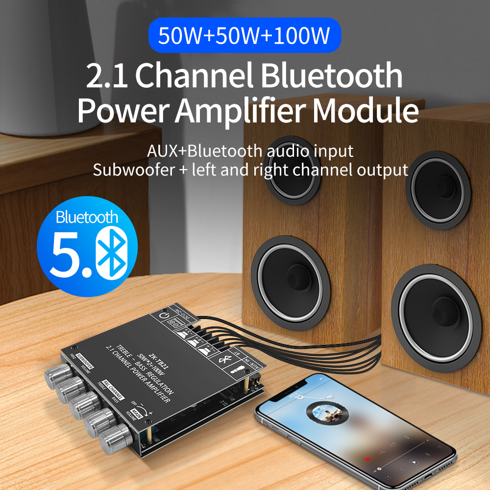 ZK-TB21 Bluetooth 5.0 Subwoofer Amplifier Board 50W*2+100W 2.1 Channel Power Audio Stereo Bass AMP TPA3116D2 Amplifiers Board