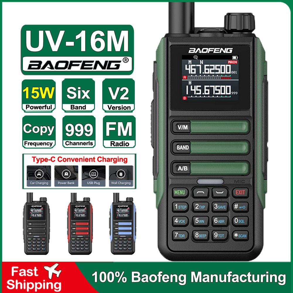 Baofeng UV16M V2 15W Walkie Talkie replicación de frecuencia seis bandas con Cable tipo C actualizado UV9R UV16 Plus Radios bidireccionales Ham