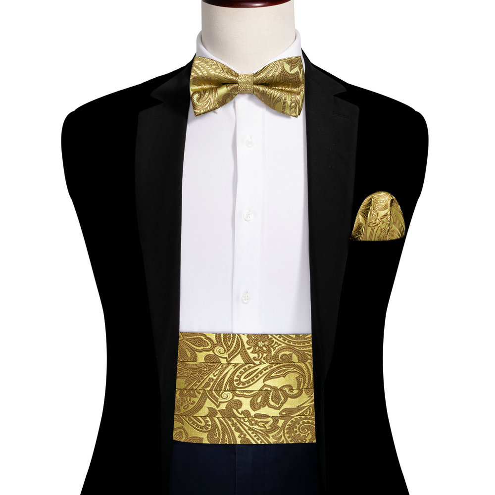 Cummerbund dorado de lujo para hombre, conjunto de gemelos, pañuelo de seda de alta calidad, pajarita de Cachemira, regalo de boda, fiesta Formal, Barry.Wang