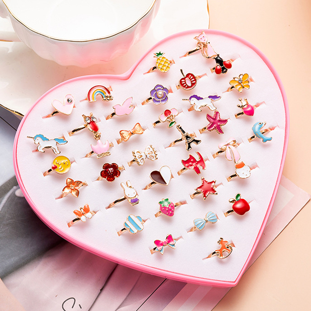 1Set Cute Adjustable Rings Children Girls Pretend Play Makeup Toys Cartoon Crystal Jewelry Alloy Animal Enamel Ring