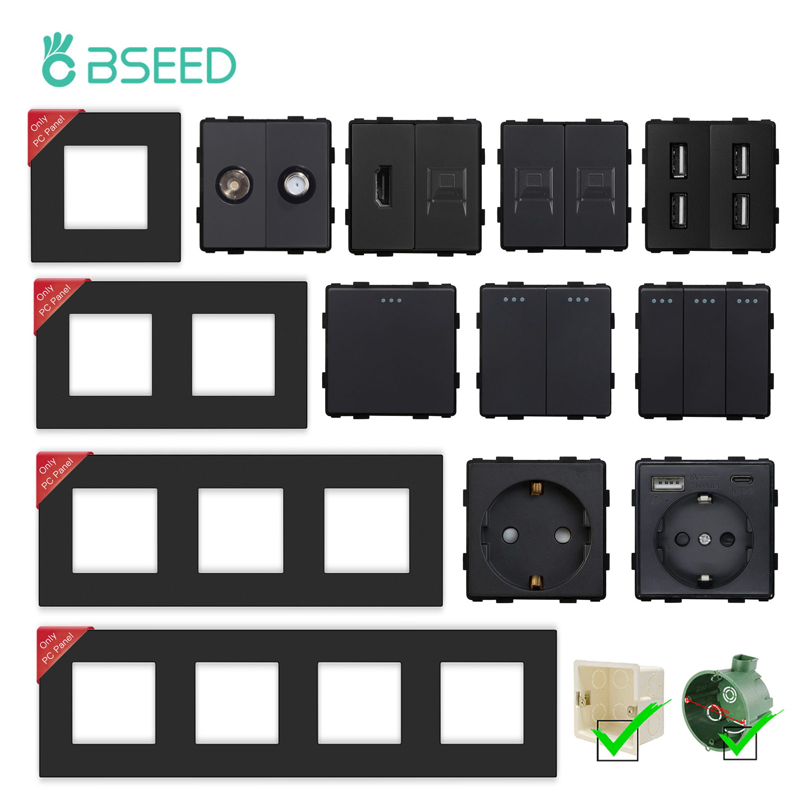BSEED Стандарт ЕС, матовая пластиковая розетка, рамка для ПК RJ45 TV ST CAT5, двойные USB-розетки, выключатели света, детали, сделай сам, бесплатный комбинат
