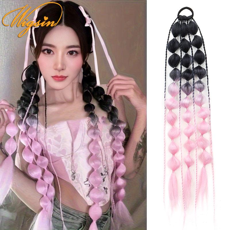 WIGSIN 24 นิ้วสีสังเคราะห์ยาวโคมไฟ Bubble Braid ผมหางม้า Extension ยางยืดหยุ่น Hairpiece สําหรับผู้หญิง