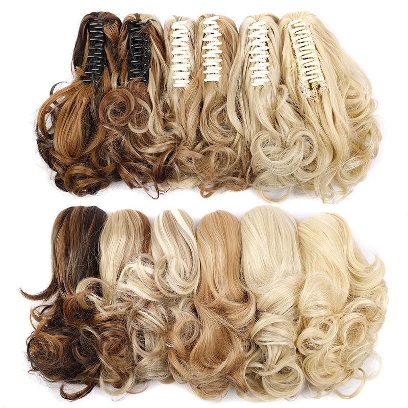 12 นิ้วสังเคราะห์สั้น Wavy Curly ผมหางม้า Extension Claw คลิปในหางม้าผสมสีบลอนด์ Hairpiece สําหรับผู้หญิง