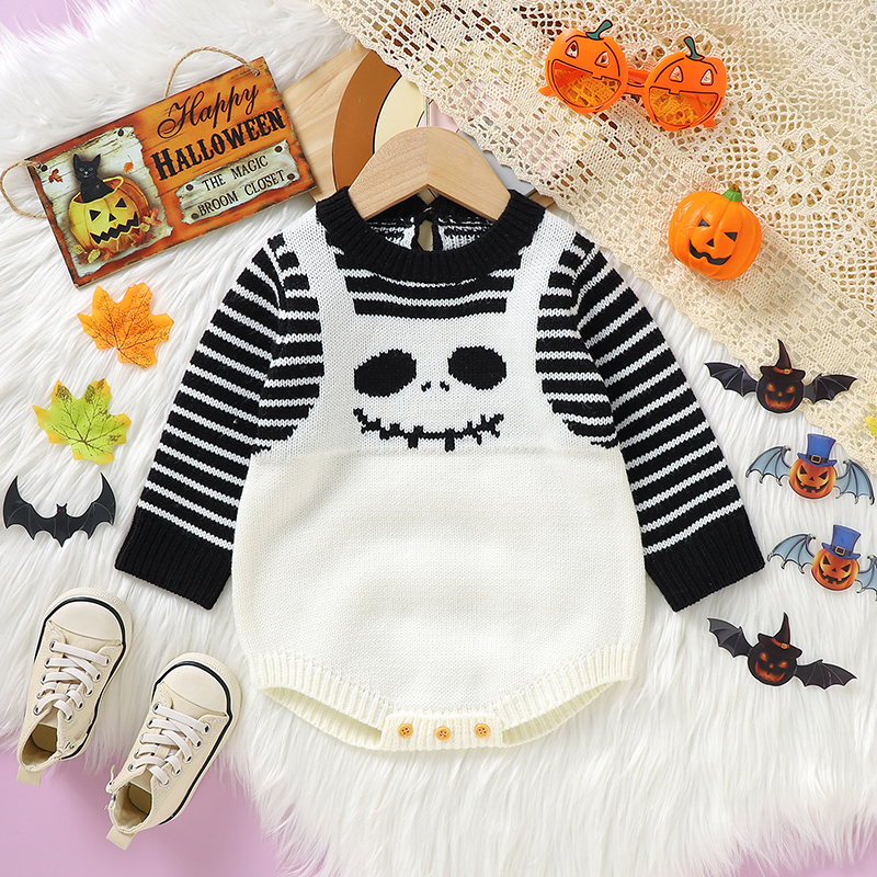 Halloween bodysuit bayi baru lahir, jumpsuit satu potong Onesie anak laki-laki perempuan lengan panjang kerangka hitam putih musim dingin