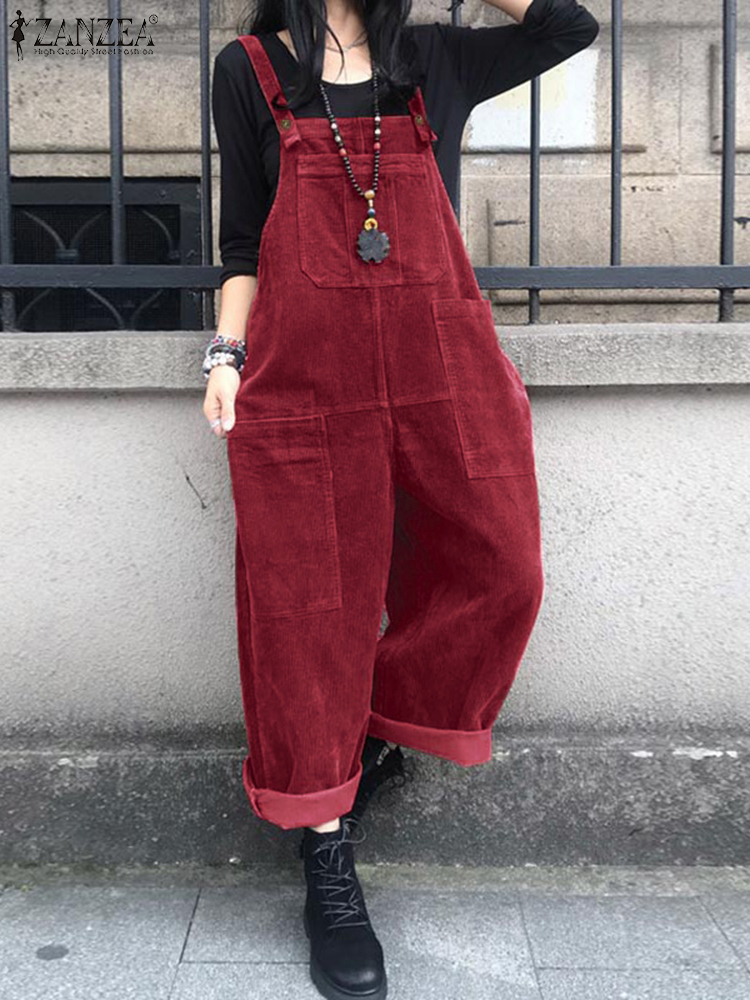 冬秋コーデュロイジャンプスーツ女性パンツ 2025 ZANZEA カジュアルサスペンダーファッションワイドレッグプレイスーツロンパースストリートウェアトラウザーズ