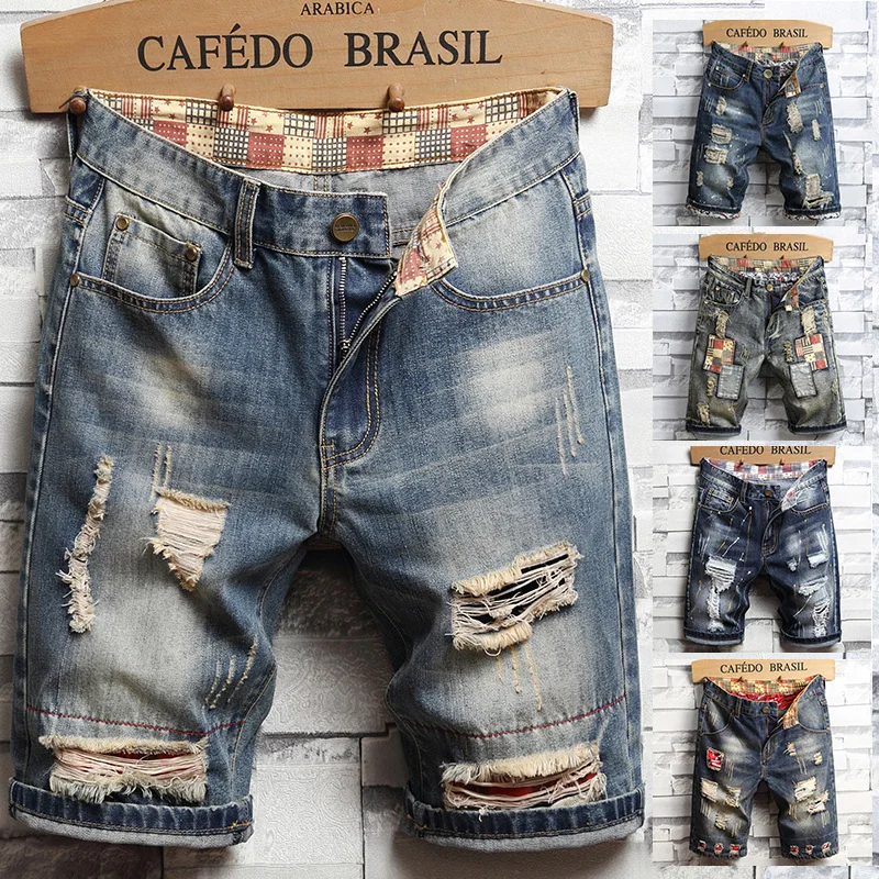 Zomerkleding nieuwe mannen vintage gescheurde korte jeans streetwear mode gat rechte slanke denim shorts mannelijke merk broek