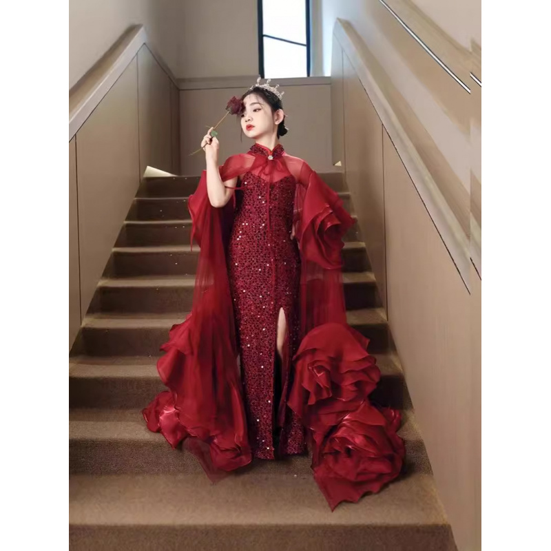 Robe de soirée légère pour filles, Niche de luxe, haut de gamme, Performance de Piano, queue d'hôte, modèle de défilé rouge, été
