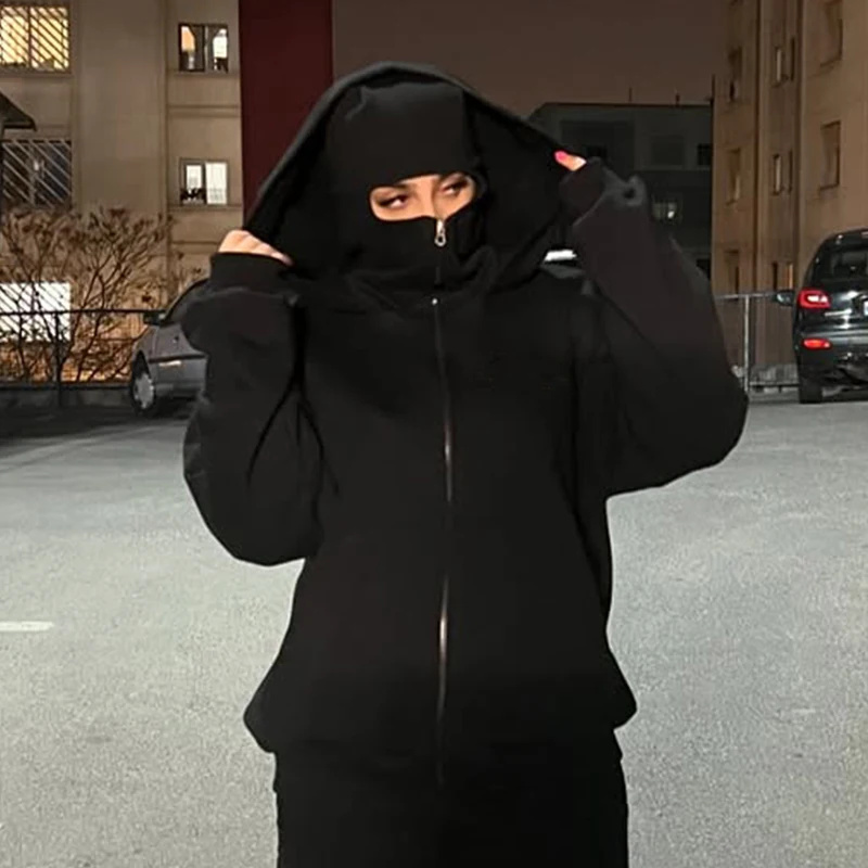 Balaclava masculina com capuz e zíper, moletom casual quente de inverno Y2K com máscara facial com capuz, design com zíper, jaqueta esportiva para atividades ao ar livre